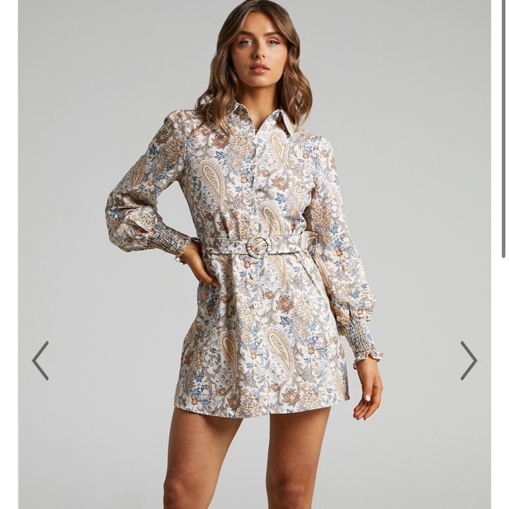 Charlie Holiday Paisley Mini Dress in Cream, Tan & Blue